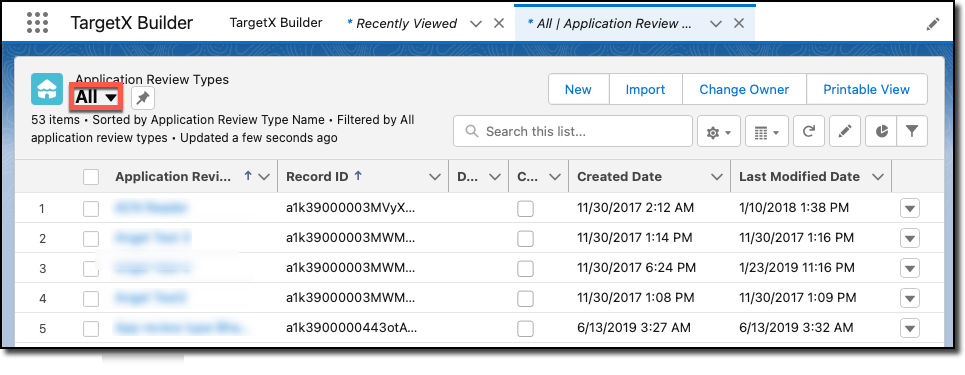 View All list view for Application Review Types